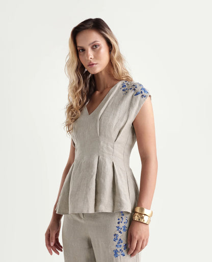 Rareism Women's Rubino Dusky Beige 100% Linen V-Neck Pull-On Regular Plain Top
