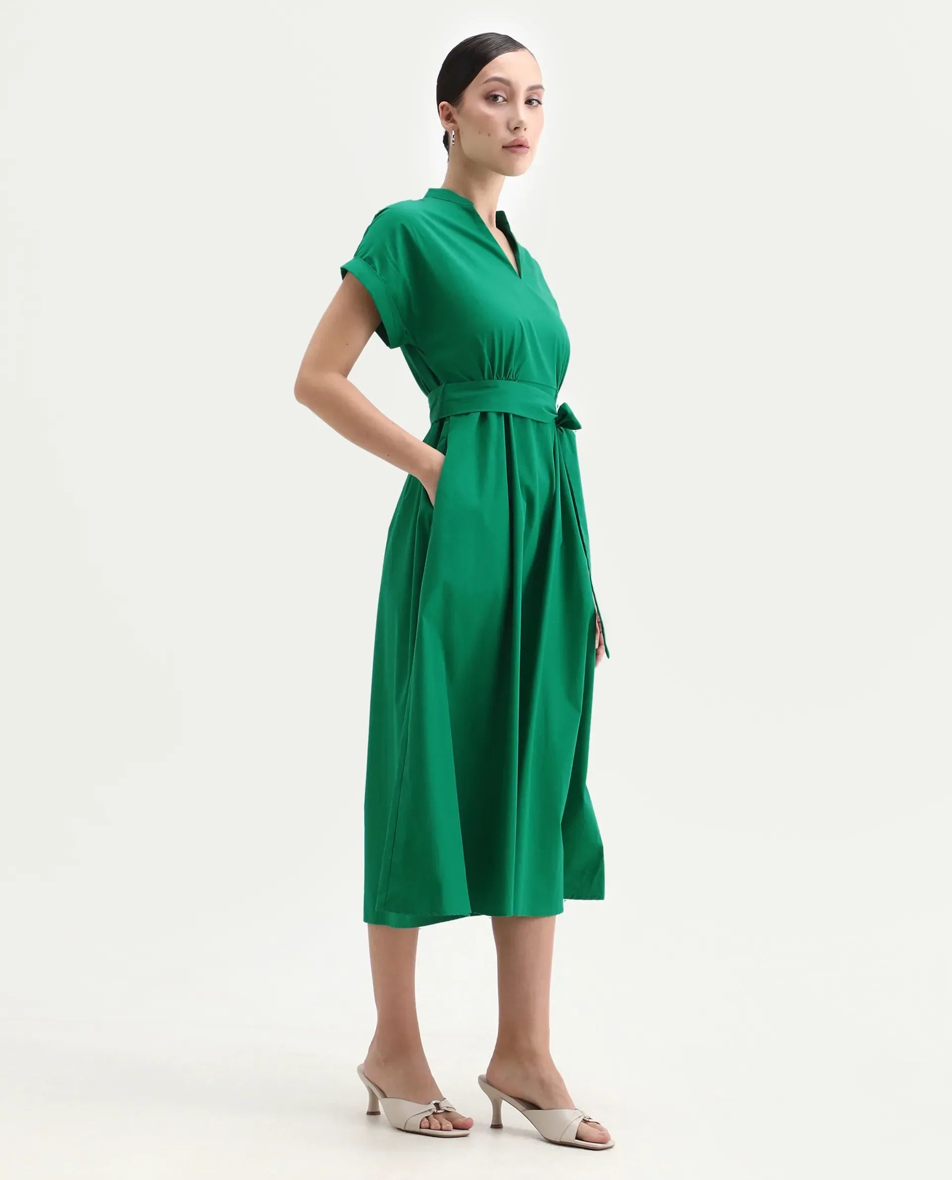 Rareism Women's Eleri Green Polyester Extended Sleeves Mandarin Collar A-Line Fit Plain Midi Dress | RAREISM at Broadway