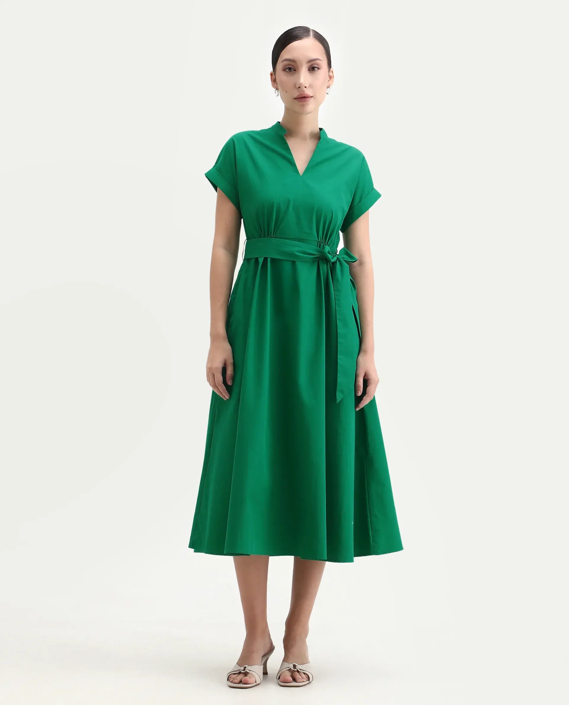 Rareism Women's Eleri Green Polyester Extended Sleeves Mandarin Collar A-Line Fit Plain Midi Dress | RAREISM at Broadway