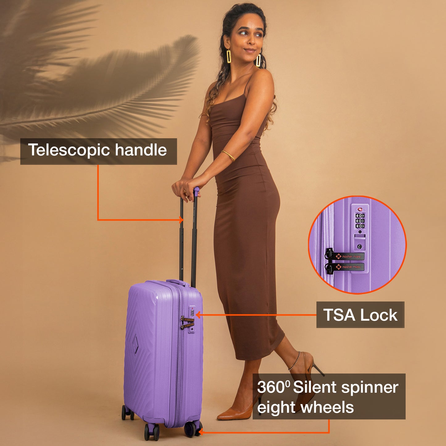 Nasher Miles Antwerp Hard-Sided Polypropylene Cabin Luggage 20 inch | 55cm TSA Lock 8 Wheels & Expander Small Trolley Bag for Travel | Suitcase (Pastel Purple)