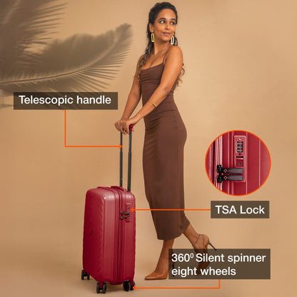 Nasher Miles Antwerp Hard-Sided Polypropylene Cabin Luggage 20 inch | 55cm TSA Lock 8 Wheels & Expander Small Trolley Bag for Travel | Suitcase (Maroon)