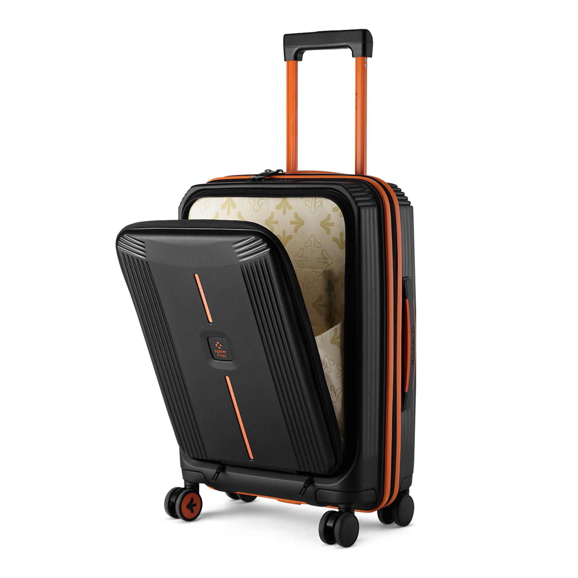 Nasher Miles Alexandria Hard-Sided Polypropylene TSA Lock Cabin Luggage with Laptop Compartment 20 inch | 55cm | 8 Wheels Small Trolley Bag for Travel | Suitcase (Black Orange) | Nasher Miles at Broadway