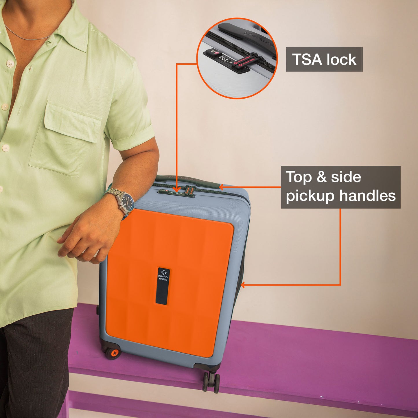 Nasher Miles Zanzibar TSA Lock Hard-Sided Polycarbonate Cabin Luggage Orange Grey 20 inch |55 Trolley Bag| Suitcase