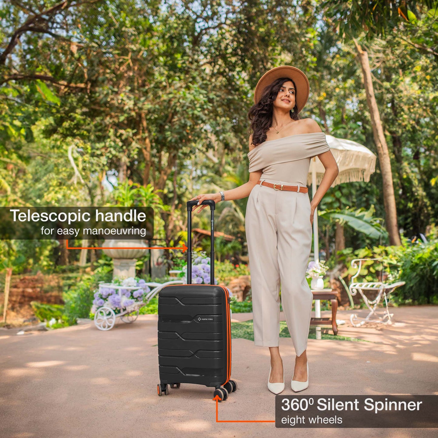 Nasher Miles Cannes Hard-sided Polypropylene Cabin Luggage Black Orange 20 inch | 55 cm Small Trolley bag