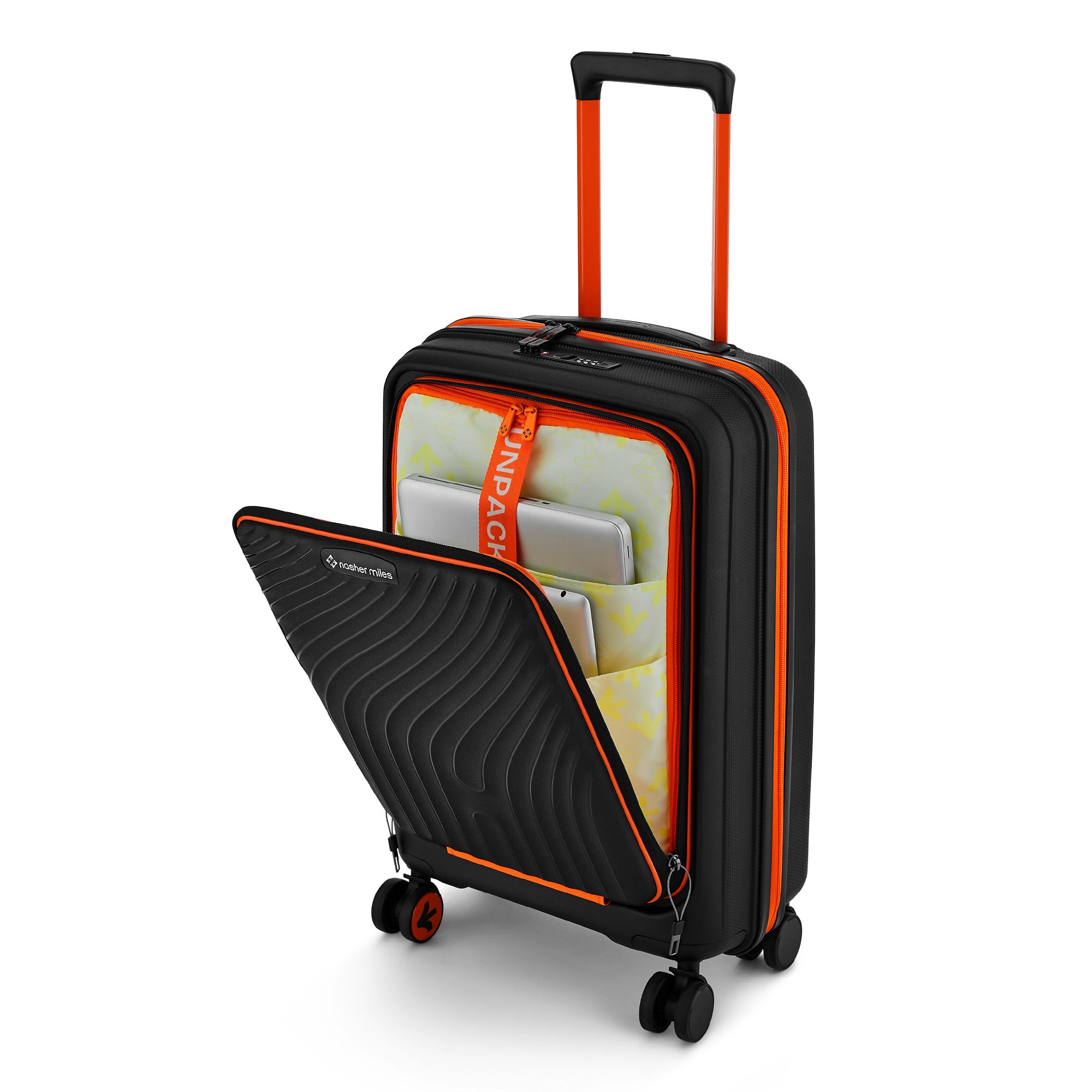 Nasher Miles Capri Hard-Sided Polypropylene Cabin Luggage with Laptop Compartment 20 inch | 55cm | 8 Wheels Small Trolley Bag for Travel | Suitcase (Black & Orange) | Nasher Miles at Broadway