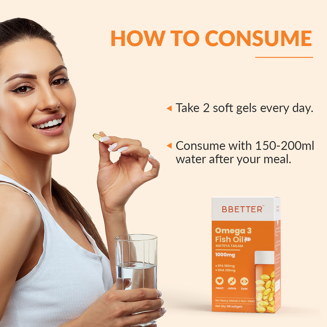BBETTER Omega 3 Fish Oil Capsules - With 180 EPA : 120 DHA for Heart, Joints & Eyes | Bbetter at Broadway