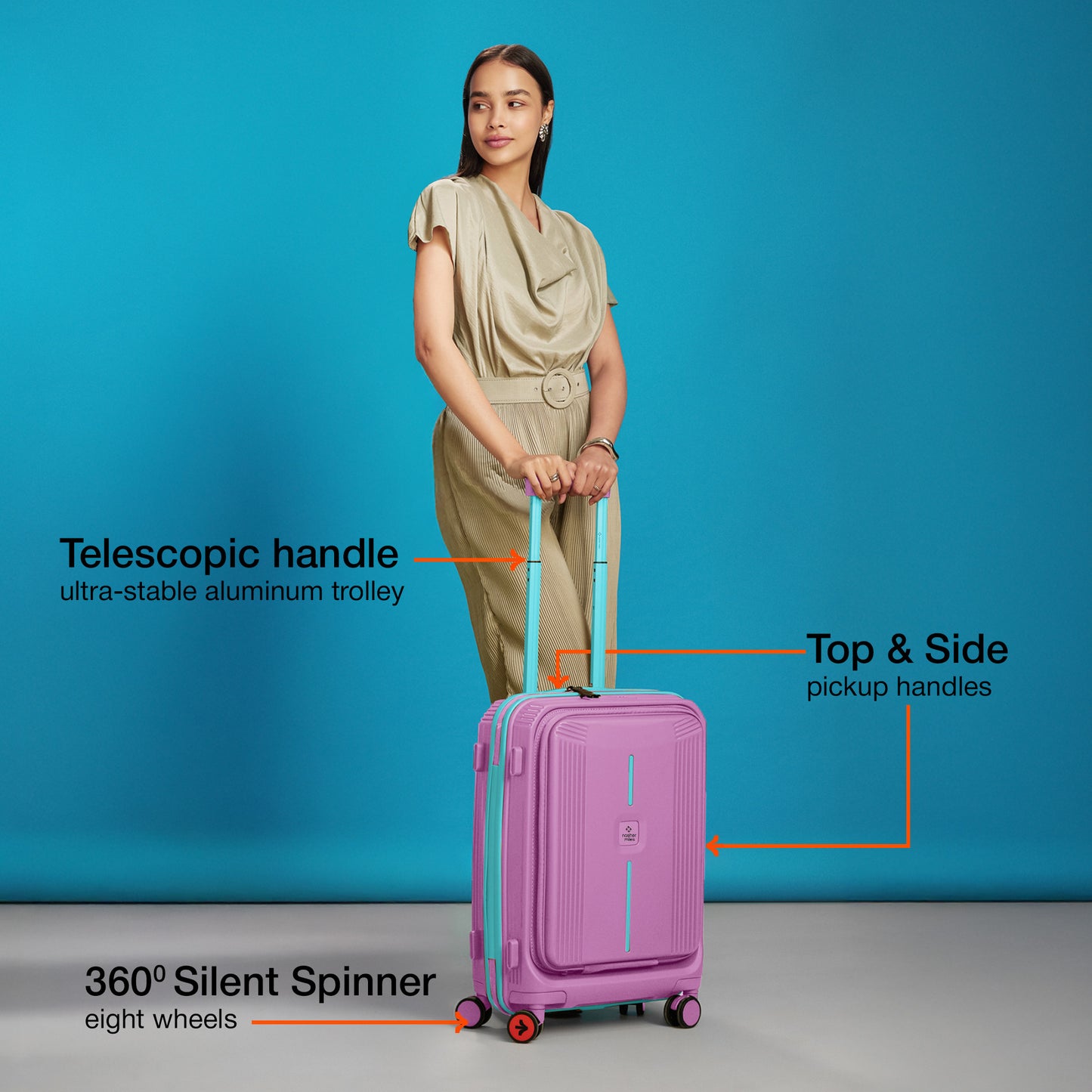 Nasher Miles Alexandria Hard-Sided Polypropylene TSA Lock Cabin Luggage with Laptop Compartment 20 inch | 55cm | 8 Wheels Small Trolley Bag for Travel | Suitcase (Purple Blue)