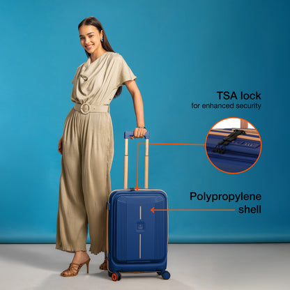 Nasher Miles Alexandria Hard-Sided Polypropylene TSA Lock Cabin Luggage with Laptop Compartment 20 inch | 55cm | 8 Wheels Small Trolley Bag for Travel | Suitcase (Navy Blue Peach)