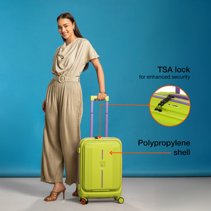 Nasher Miles Alexandria Hard-Sided Polypropylene TSA Lock Cabin Luggage with Laptop Compartment 20 inch | 55cm | 8 Wheels Small Trolley Bag for Travel | Suitcase (Green Purple)