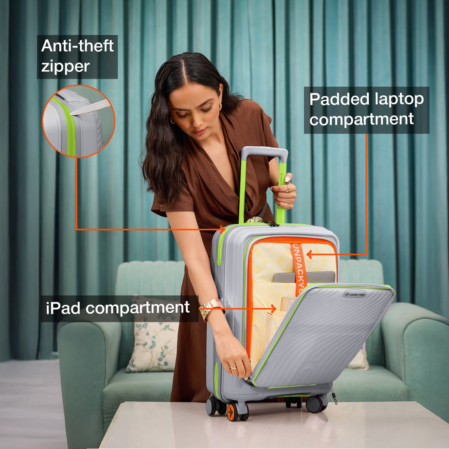 Nasher Miles Capri Hard-Sided Polypropylene Cabin Luggage with Laptop Compartment 20 inch | 55cm | 8 Wheels Small Trolley Bag for Travel | Suitcase (Grey & Green)