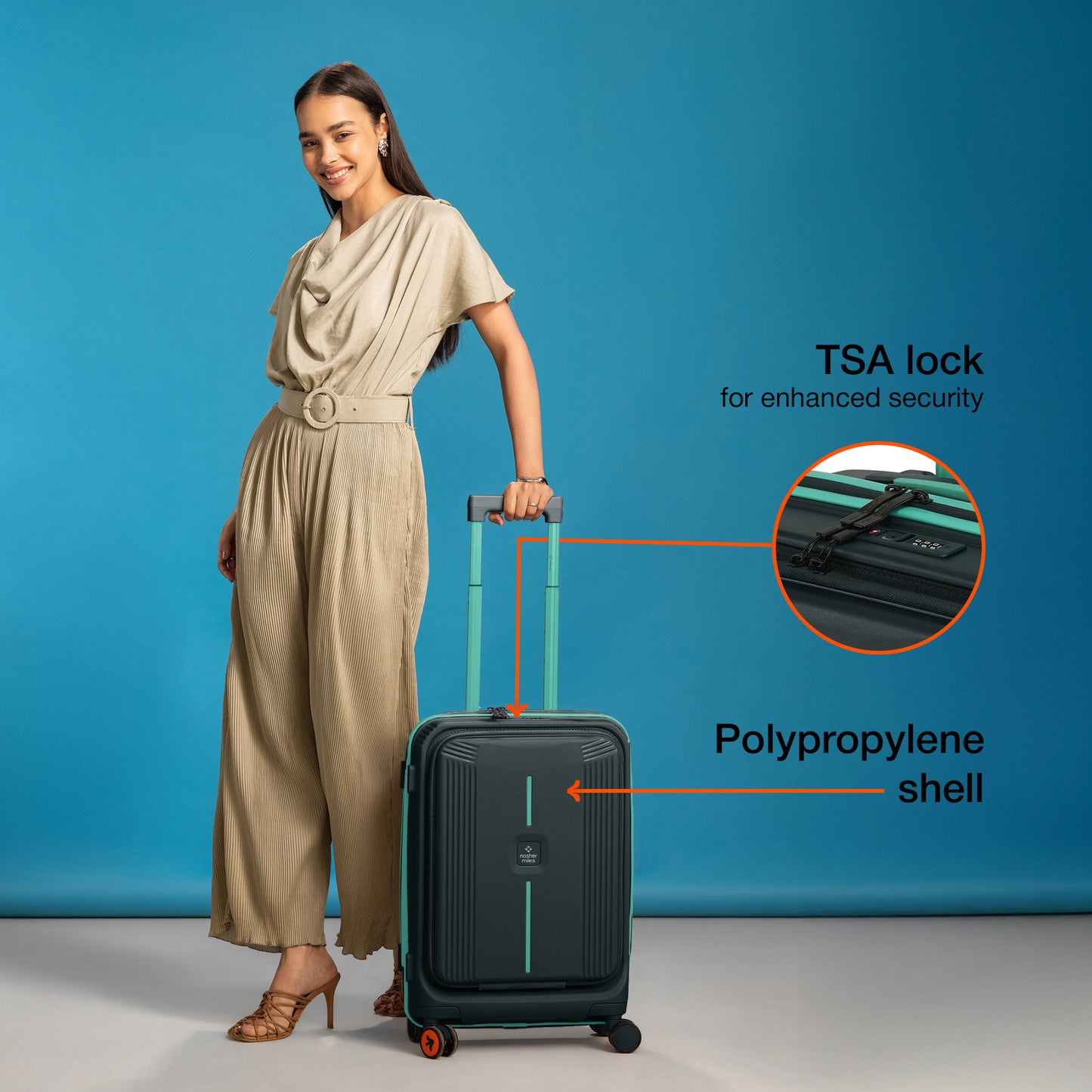 Nasher Miles Alexandria Hard-Sided Polypropylene TSA Lock Cabin Luggage with Laptop Compartment 20 inch | 55cm | 8 Wheels Small Trolley Bag for Travel | Suitcase (Grey Teal)