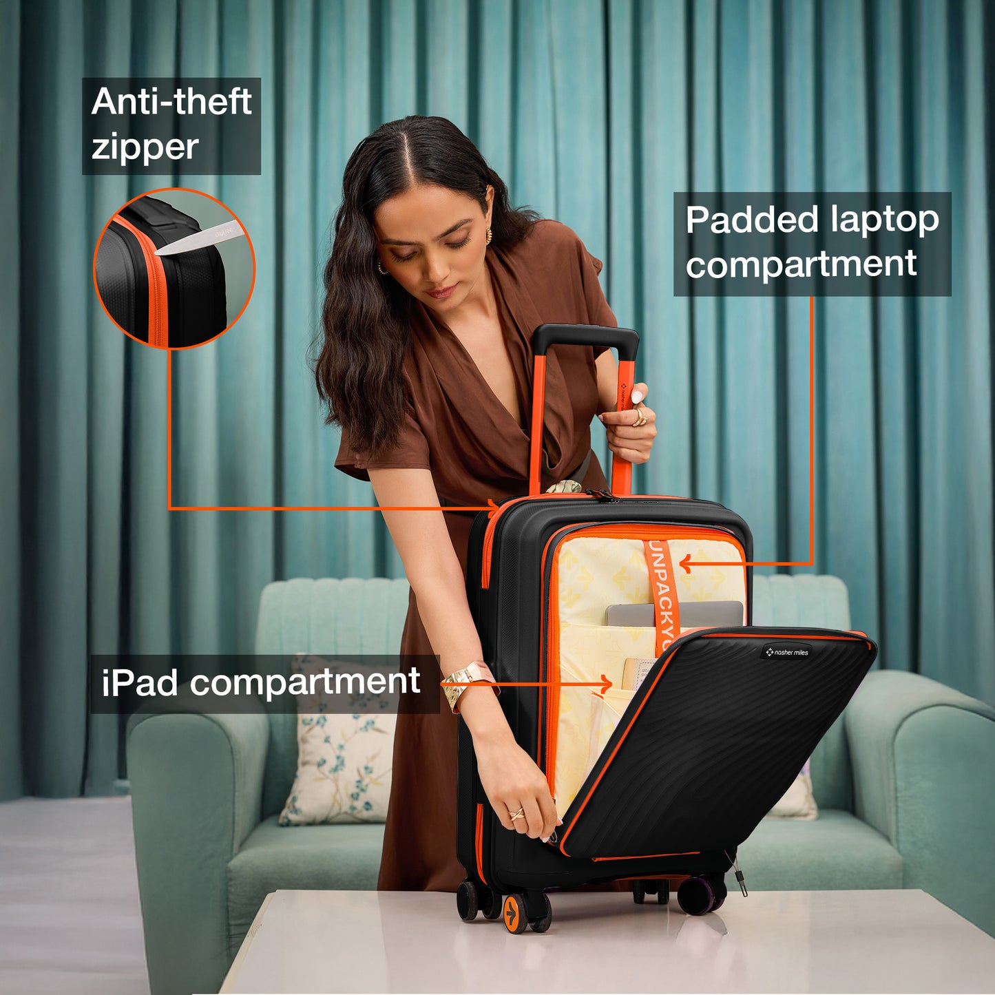 Nasher Miles Capri Hard-Sided Polypropylene Cabin Luggage with Laptop Compartment 20 inch | 55cm | 8 Wheels Small Trolley Bag for Travel | Suitcase (Black & Orange)