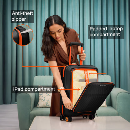 Nasher Miles Capri Hard-Sided Polypropylene Cabin Luggage with Laptop Compartment 20 inch | 55cm | 8 Wheels Small Trolley Bag for Travel | Suitcase (Black & Orange)