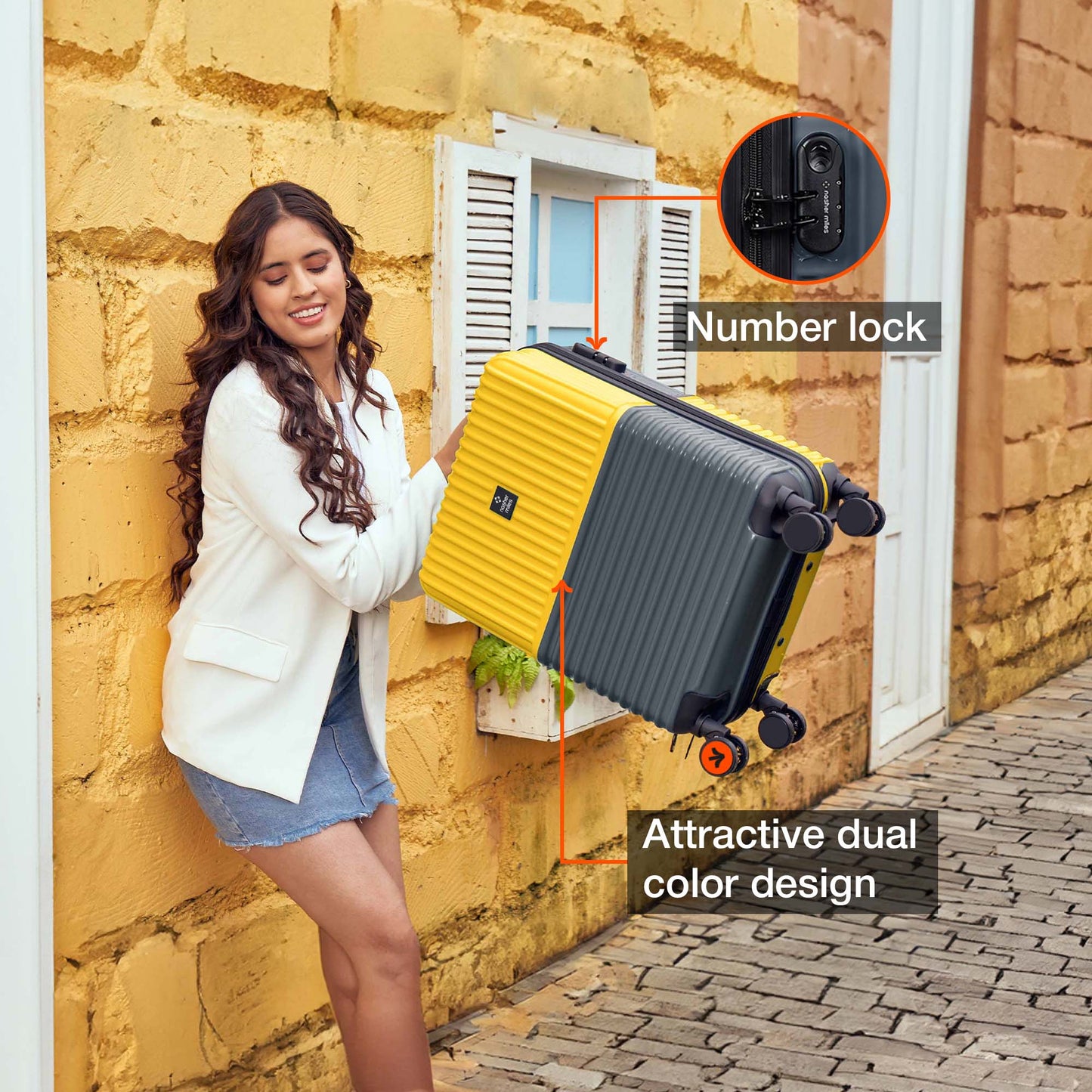 Nasher Miles Istanbul Hard-Sided ABS and PC Cabin Luggage 20 inch | 55cm | 8 Wheels Small Trolley Bag for Travel | Suitcase (Yellow Grey)