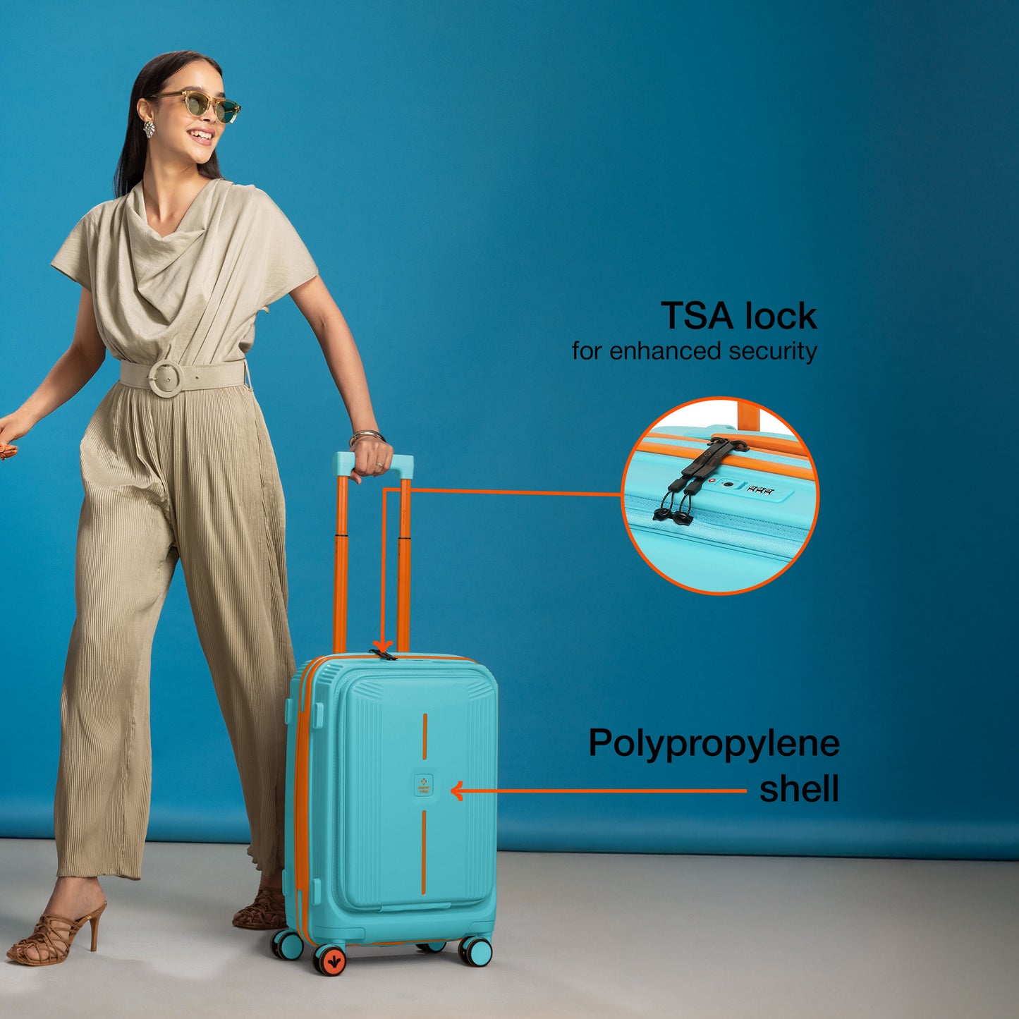 Nasher Miles Alexandria Hard-Sided Polypropylene TSA Lock Cabin Luggage with Laptop Compartment 20 inch | 55cm | 8 Wheels Small Trolley Bag for Travel | Suitcase (Teal Peach)