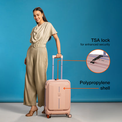 Nasher Miles Alexandria Hard-Sided Polypropylene TSA Lock Cabin Luggage with Laptop Compartment 20 inch | 55cm | 8 Wheels Small Trolley Bag for Travel | Suitcase (Peach Grey)