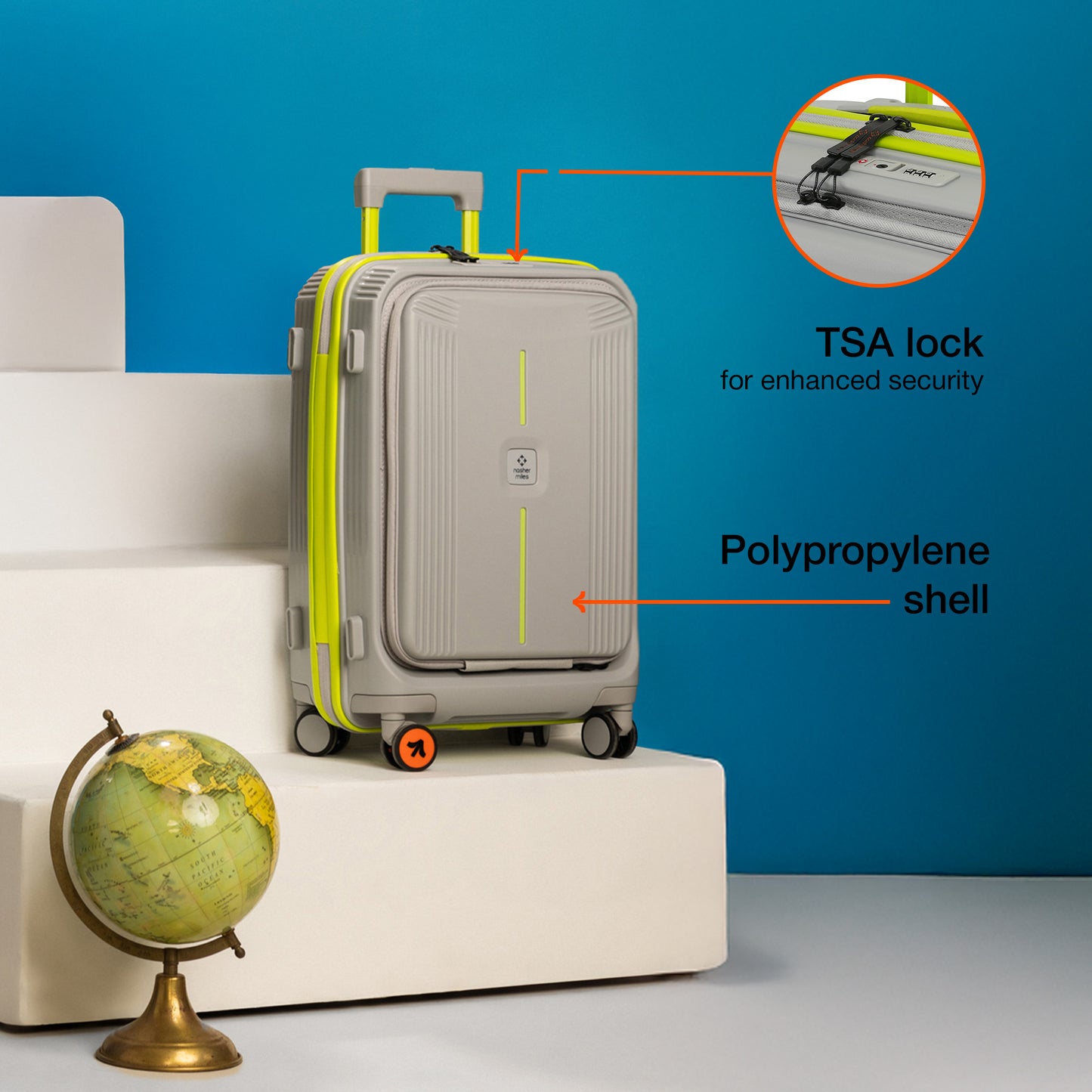 Nasher Miles Alexandria Hard-Sided Polypropylene TSA Lock Cabin Luggage with Laptop Compartment 20 inch | 55cm | 8 Wheels Small Trolley Bag for Travel | Suitcase (Grey Green)