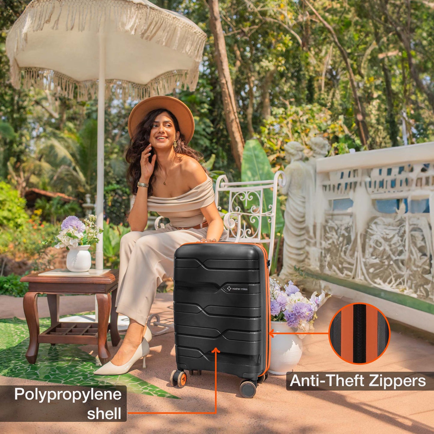 Nasher Miles Cannes Hard-sided Polypropylene Cabin Luggage Black Orange 20 inch | 55 cm Small Trolley bag