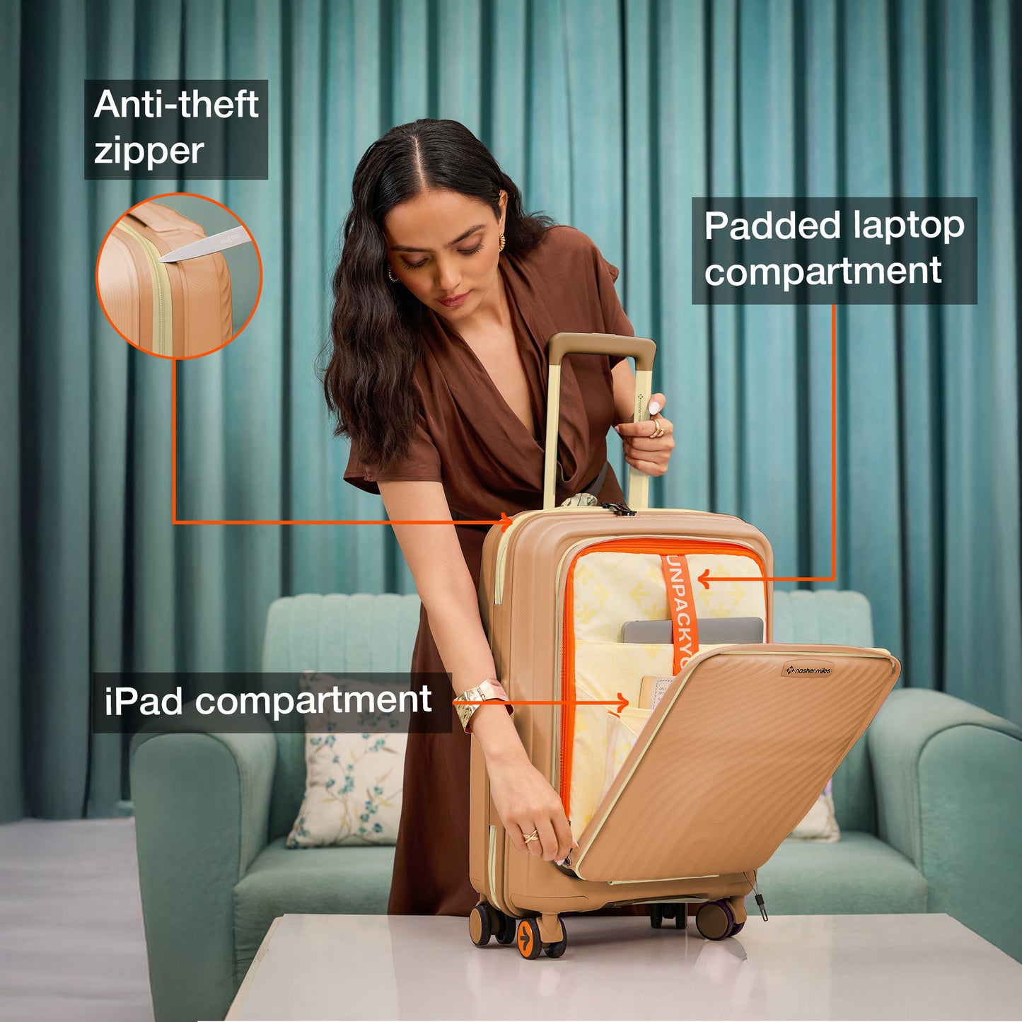 Nasher Miles Capri Hard-Sided Polypropylene Cabin Luggage with Laptop Compartment 20 inch | 55cm | 8 Wheels Small Trolley Bag for Travel | Suitcase (Champagne & RoseGold)