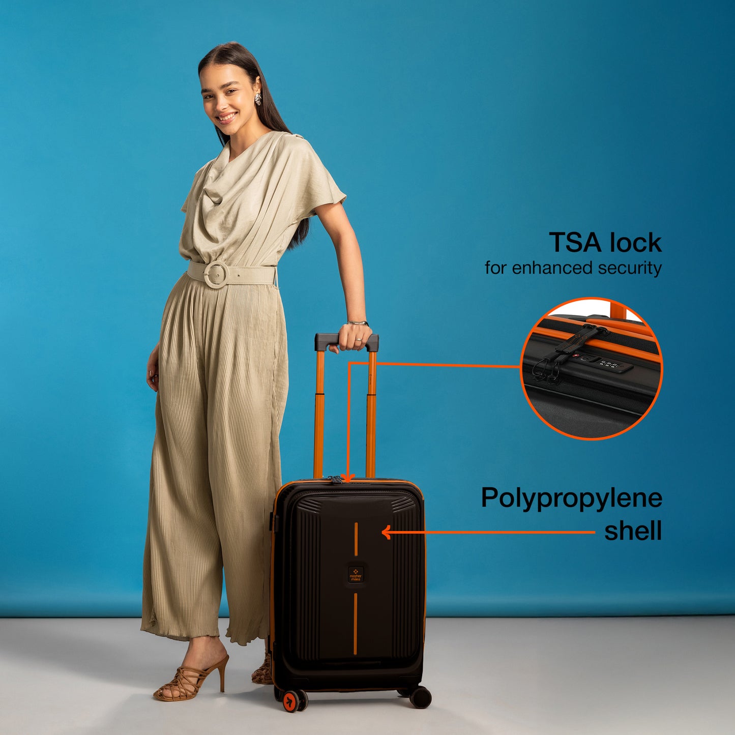 Nasher Miles Alexandria Hard-Sided Polypropylene TSA Lock Cabin Luggage with Laptop Compartment 20 inch | 55cm | 8 Wheels Small Trolley Bag for Travel | Suitcase (Black Orange)
