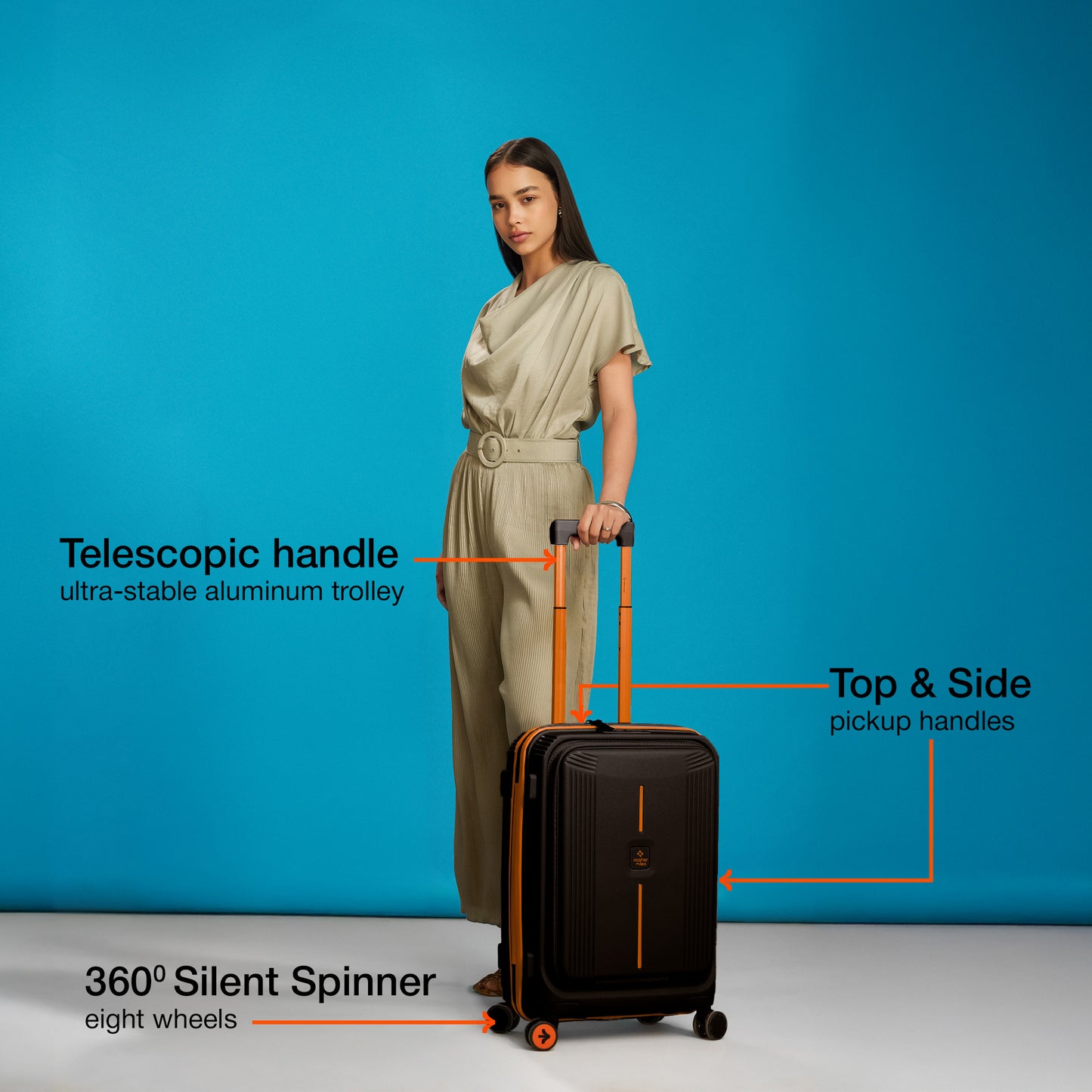 Nasher Miles Alexandria Hard-Sided Polypropylene TSA Lock Cabin Luggage with Laptop Compartment 20 inch | 55cm | 8 Wheels Small Trolley Bag for Travel | Suitcase (Black Orange)