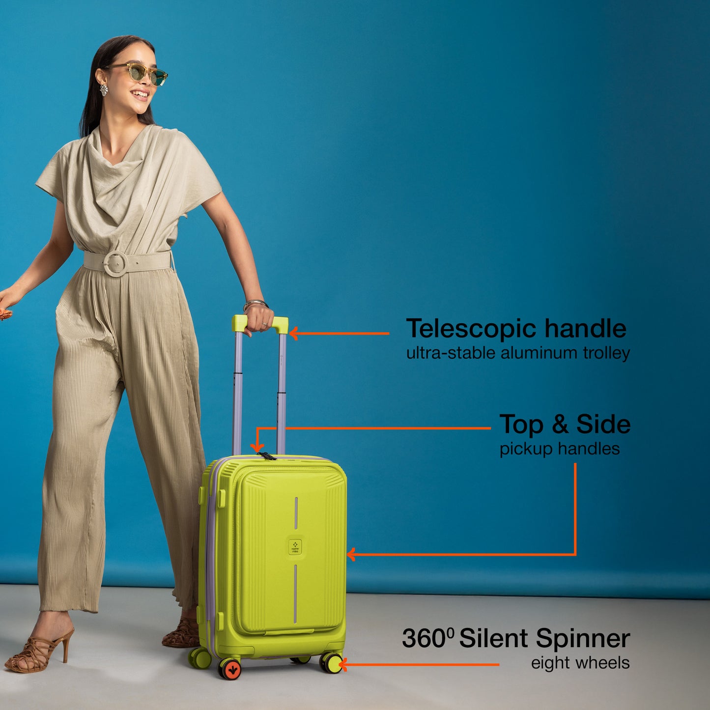 Nasher Miles Alexandria Hard-Sided Polypropylene TSA Lock Cabin Luggage with Laptop Compartment 20 inch | 55cm | 8 Wheels Small Trolley Bag for Travel | Suitcase (Green Purple)