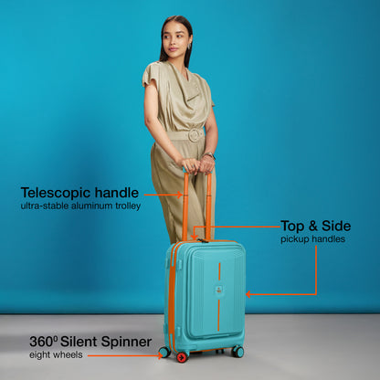 Nasher Miles Alexandria Hard-Sided Polypropylene TSA Lock Cabin Luggage with Laptop Compartment 20 inch | 55cm | 8 Wheels Small Trolley Bag for Travel | Suitcase (Teal Peach)