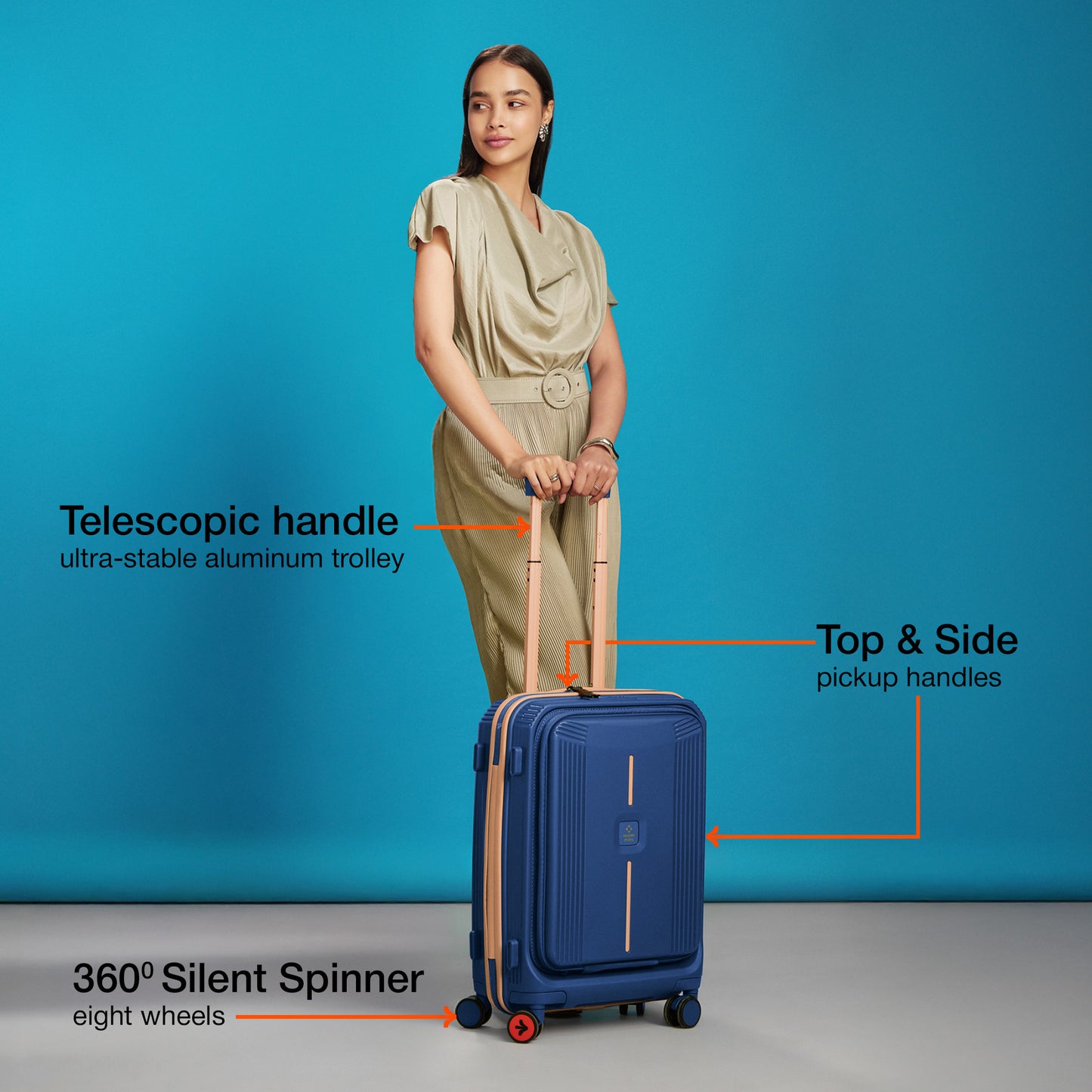 Nasher Miles Alexandria Hard-Sided Polypropylene TSA Lock Cabin Luggage with Laptop Compartment 20 inch | 55cm | 8 Wheels Small Trolley Bag for Travel | Suitcase (Navy Blue Peach)