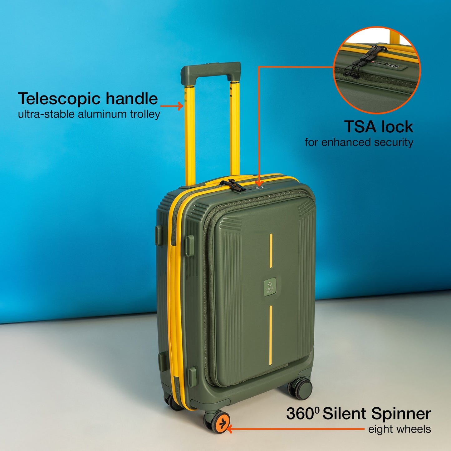 Nasher Miles Alexandria Hard-Sided Polypropylene TSA Lock Cabin Luggage with Laptop Compartment 20 inch | 55cm | 8 Wheels Small Trolley Bag for Travel | Suitcase (Green Yellow)
