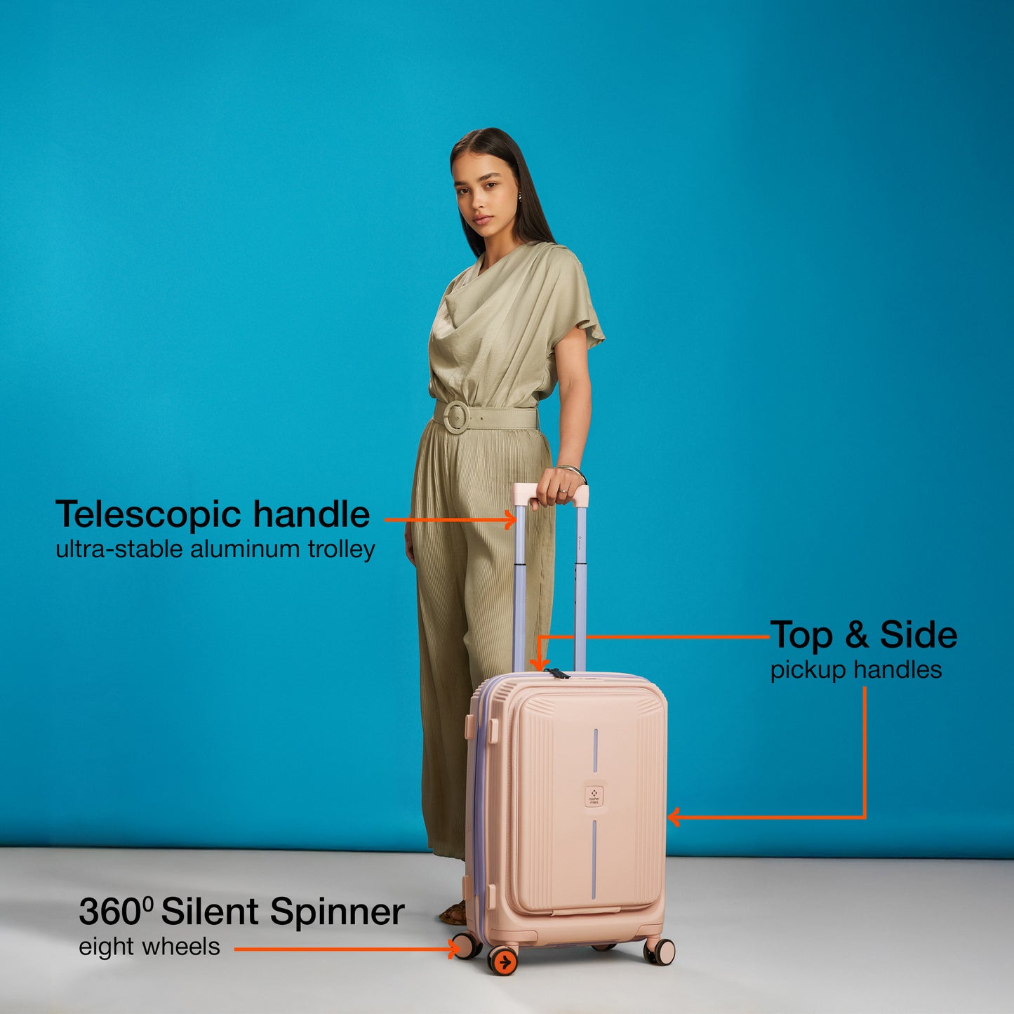 Nasher Miles Alexandria Hard-Sided Polypropylene TSA Lock Cabin Luggage with Laptop Compartment 20 inch | 55cm | 8 Wheels Small Trolley Bag for Travel | Suitcase (Peach Grey)