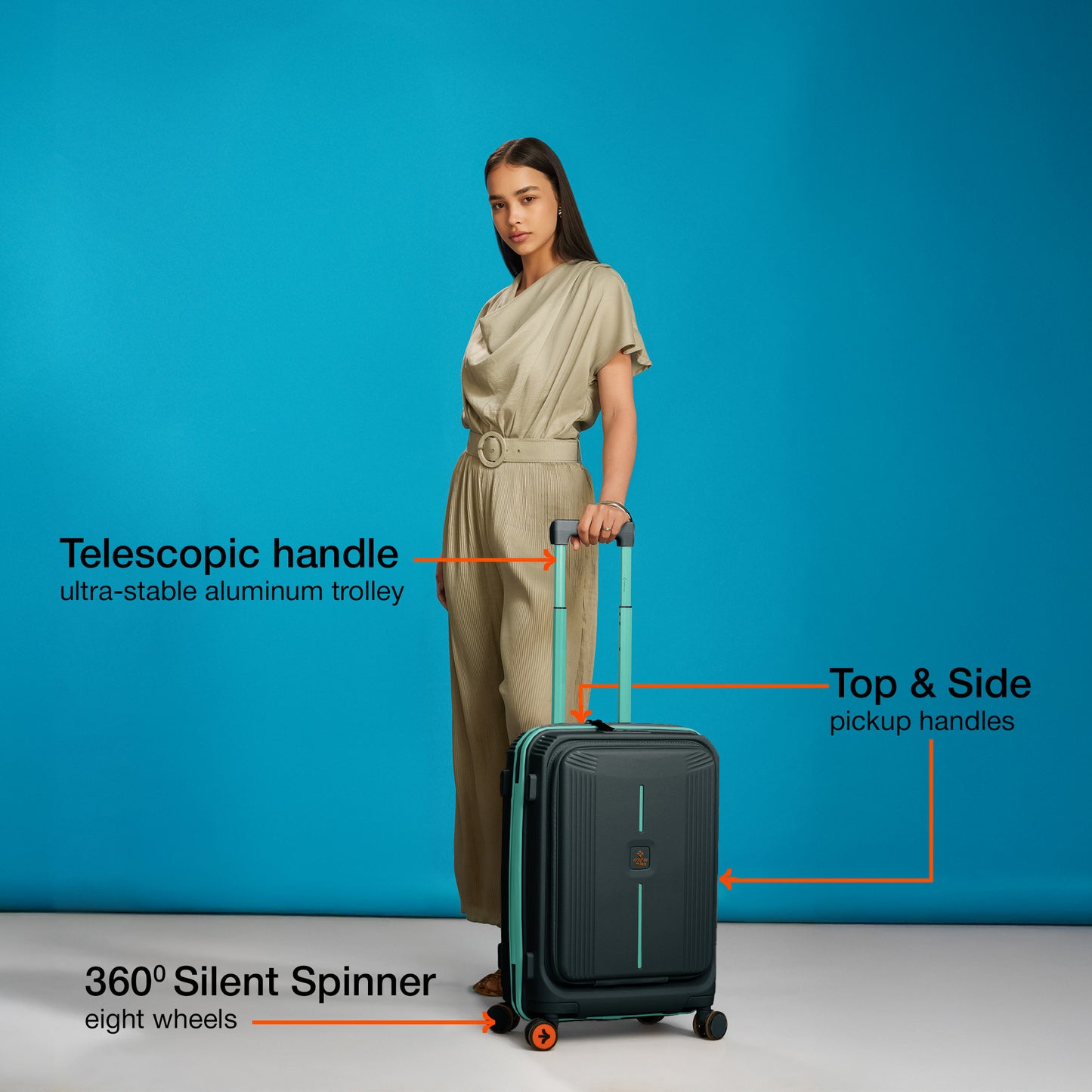 Nasher Miles Alexandria Hard-Sided Polypropylene TSA Lock Cabin Luggage with Laptop Compartment 20 inch | 55cm | 8 Wheels Small Trolley Bag for Travel | Suitcase (Grey Teal)