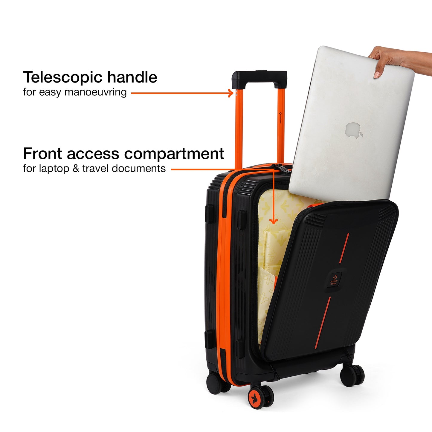 Nasher Miles Alexandria Hard-Sided Polypropylene TSA Lock Cabin Luggage with Laptop Compartment 20 inch | 55cm | 8 Wheels Small Trolley Bag for Travel | Suitcase (Black Orange)