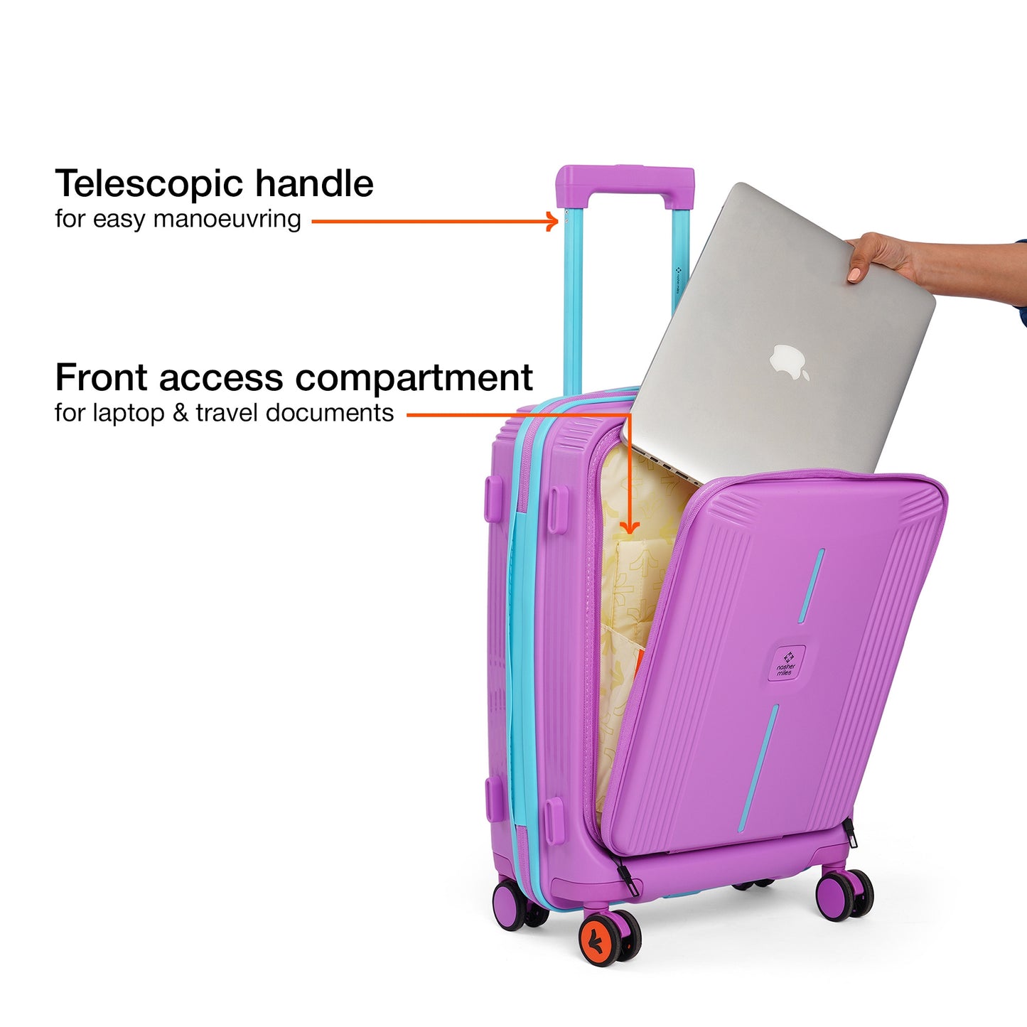 Nasher Miles Alexandria Hard-Sided Polypropylene TSA Lock Cabin Luggage with Laptop Compartment 20 inch | 55cm | 8 Wheels Small Trolley Bag for Travel | Suitcase (Purple Blue)