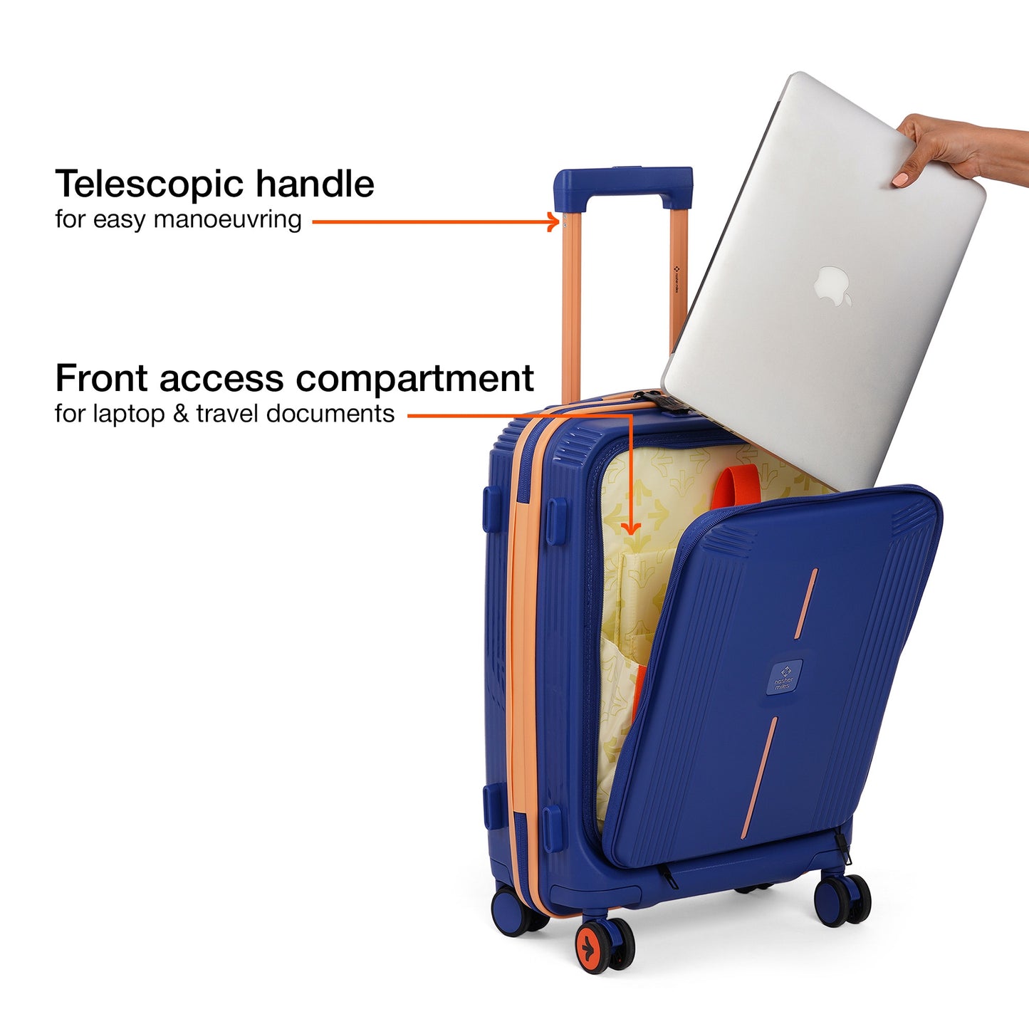 Nasher Miles Alexandria Hard-Sided Polypropylene TSA Lock Cabin Luggage with Laptop Compartment 20 inch | 55cm | 8 Wheels Small Trolley Bag for Travel | Suitcase (Navy Blue Peach)