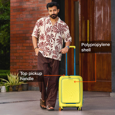 Nasher Miles Capri Hard-Sided Polypropylene Cabin Luggage with Laptop Compartment 20 inch | 55cm | 8 Wheels Small Trolley Bag for Travel | Suitcase (Yellow & Blue)