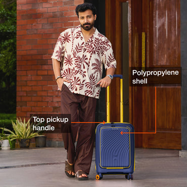 Nasher Miles Capri Hard-Sided Polypropylene Cabin Luggage with Laptop Compartment 20 inch | 55cm | 8 Wheels Small Trolley Bag for Travel | Suitcase (Navy Blue & Yellow)
