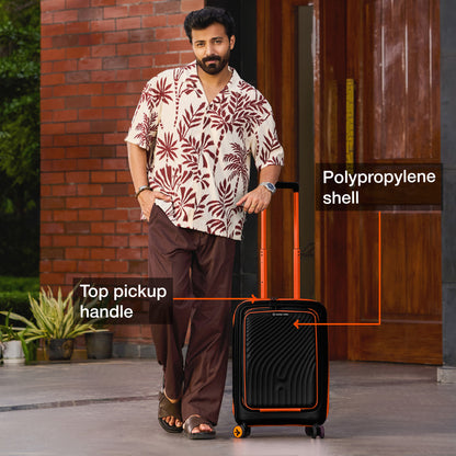 Nasher Miles Capri Hard-Sided Polypropylene Cabin Luggage with Laptop Compartment 20 inch | 55cm | 8 Wheels Small Trolley Bag for Travel | Suitcase (Black & Orange)