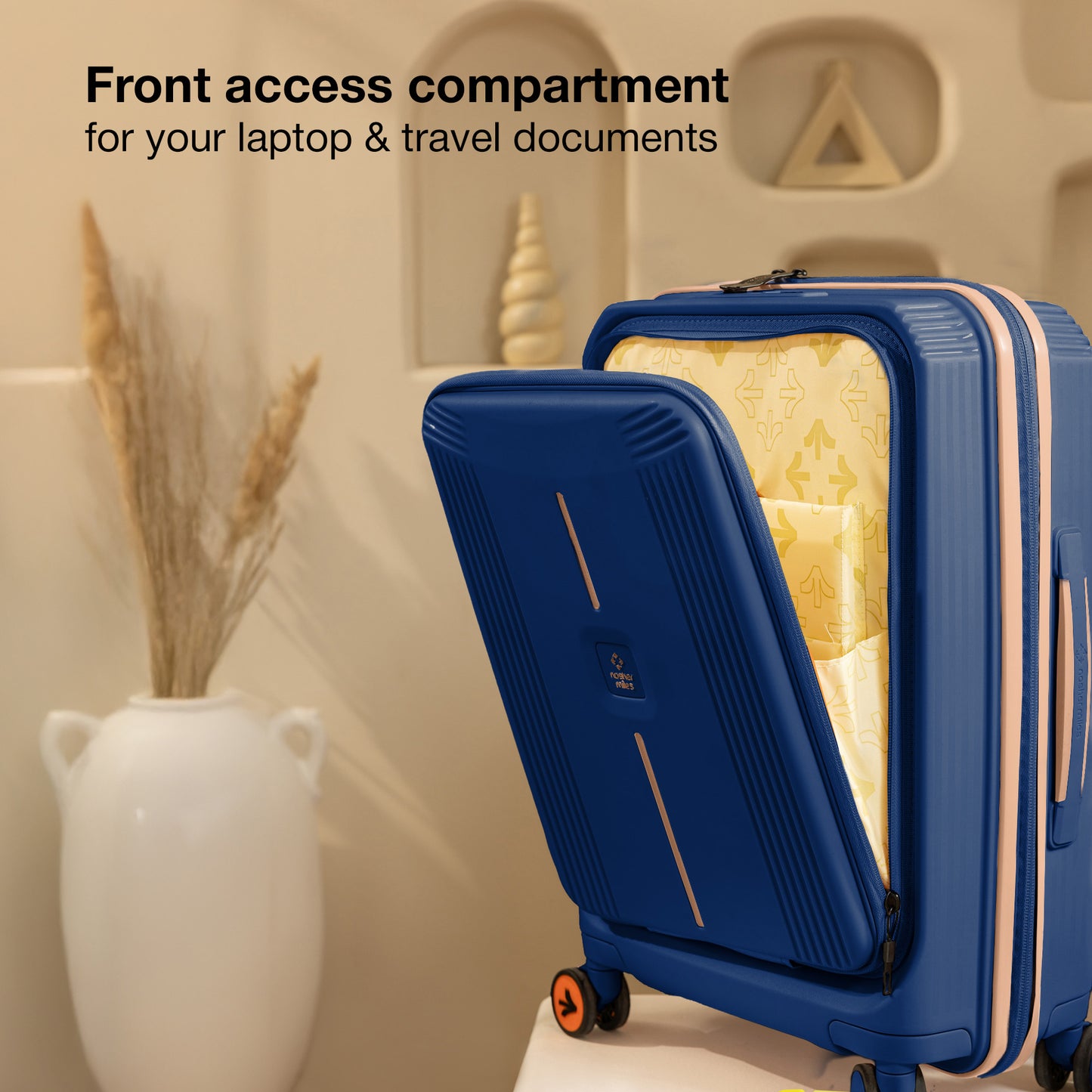 Nasher Miles Alexandria Hard-Sided Polypropylene TSA Lock Cabin Luggage with Laptop Compartment 20 inch | 55cm | 8 Wheels Small Trolley Bag for Travel | Suitcase (Navy Blue Peach)