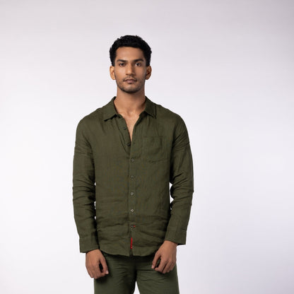 Men's Linen Classic Collar Shirt - Olive