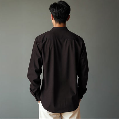Men's Linen Mandarin Collar Shirt - Black