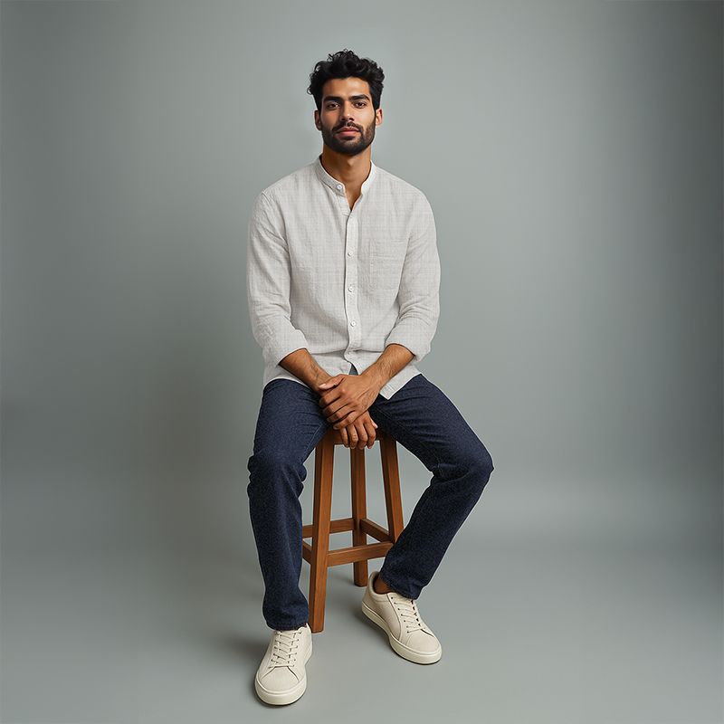 Men's Linen Mandarin Collar Shirt - Dawn Blue