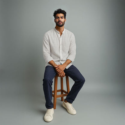 Men's Linen Mandarin Collar Shirt - Dawn Blue