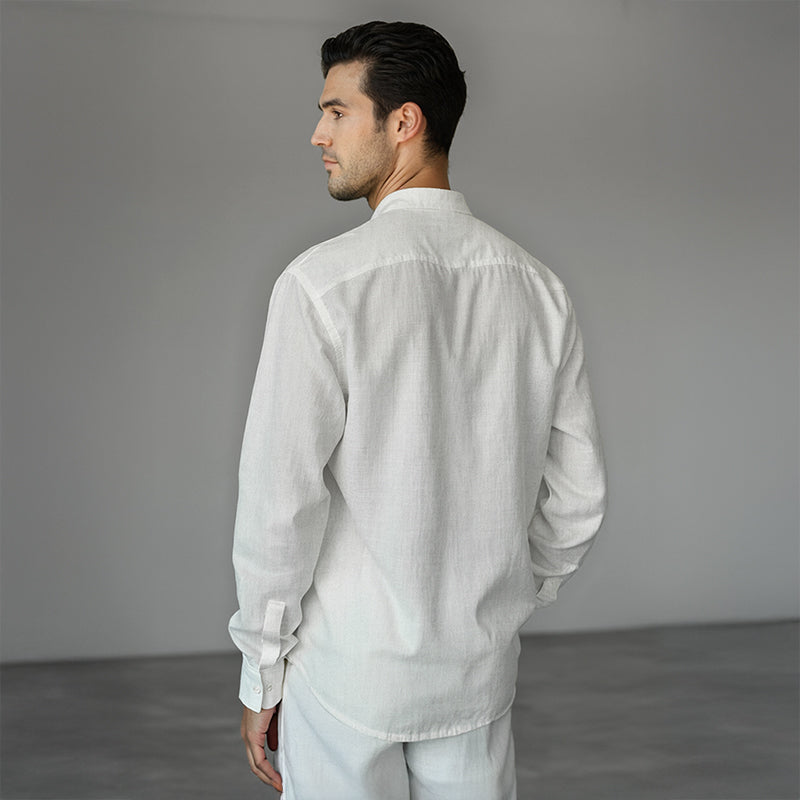 Men's Linen Mandarin Collar Shirt - White