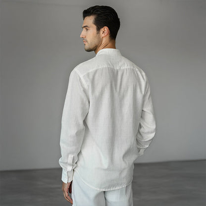 Men's Linen Mandarin Collar Shirt - White