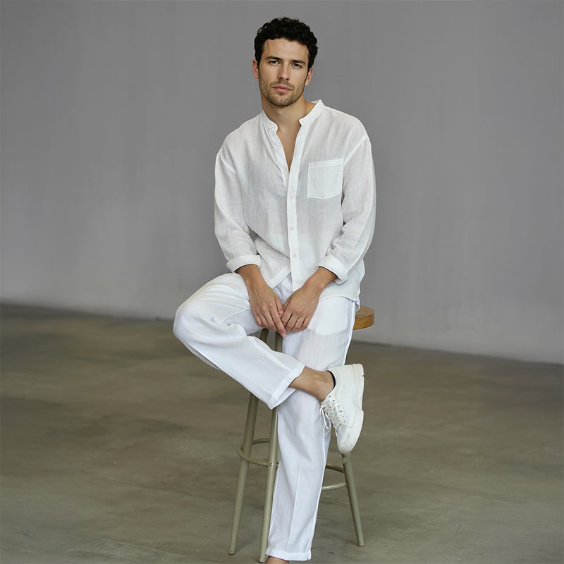 Men's Linen Mandarin Collar Shirt - White