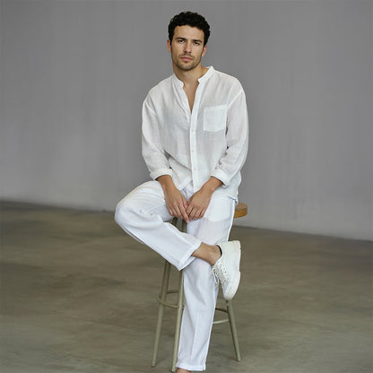 Men's Linen Mandarin Collar Shirt - White
