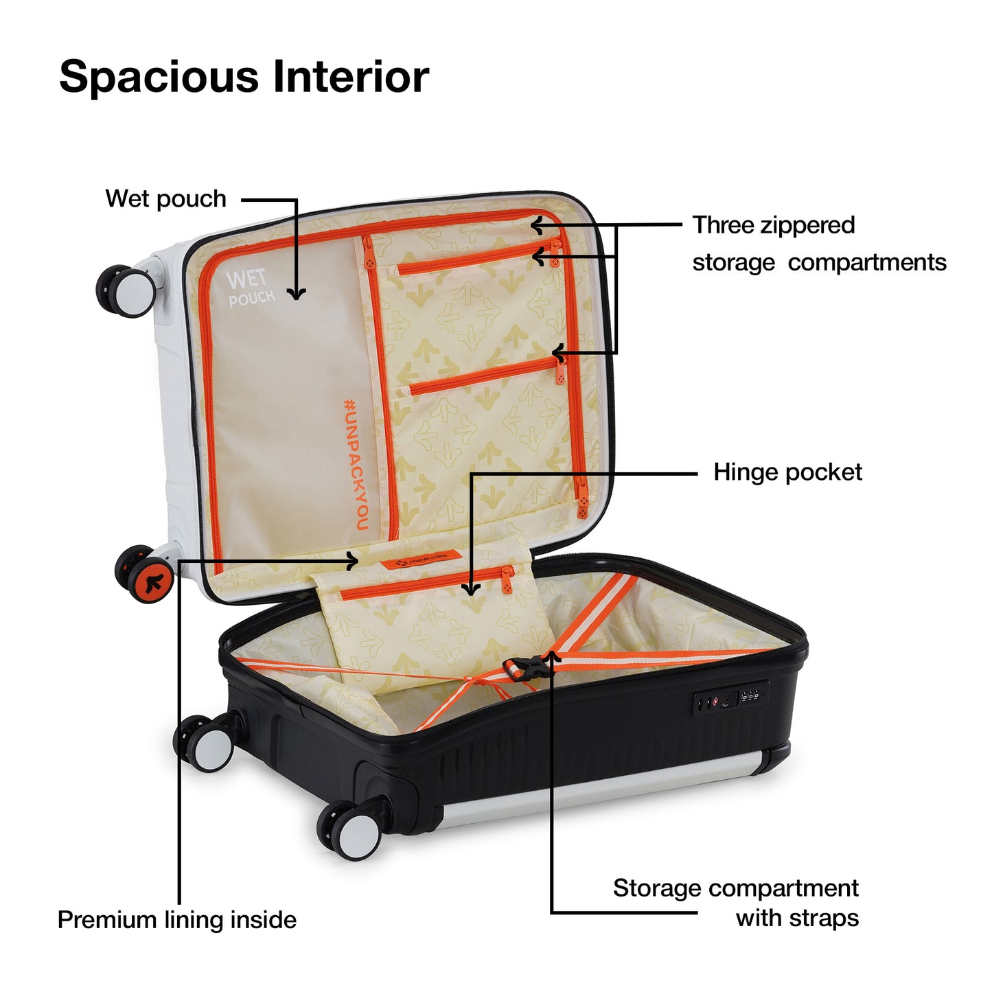 Nasher Miles Dubai TSA Lock Hard-Sided Polypropylene Cabin Luggage 20 inch | 55cm | 8 Wheels Small Trolley Bag for Travel | Suitcase (White Black) | Nasher Miles at Broadway