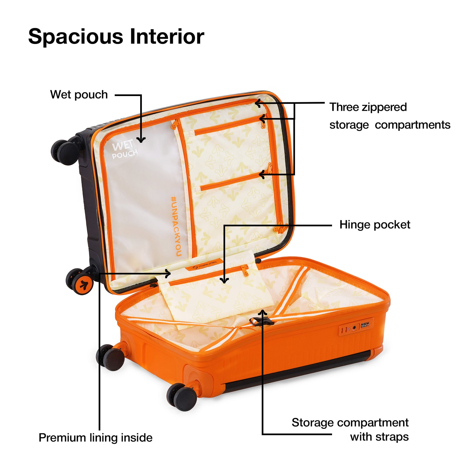 Nasher Miles Dubai TSA Lock Hard-Sided Polypropylene Cabin Luggage 20 inch | 55cm | 8 Wheels Small Trolley Bag for Travel | Suitcase (Black Orange) | Nasher Miles at Broadway