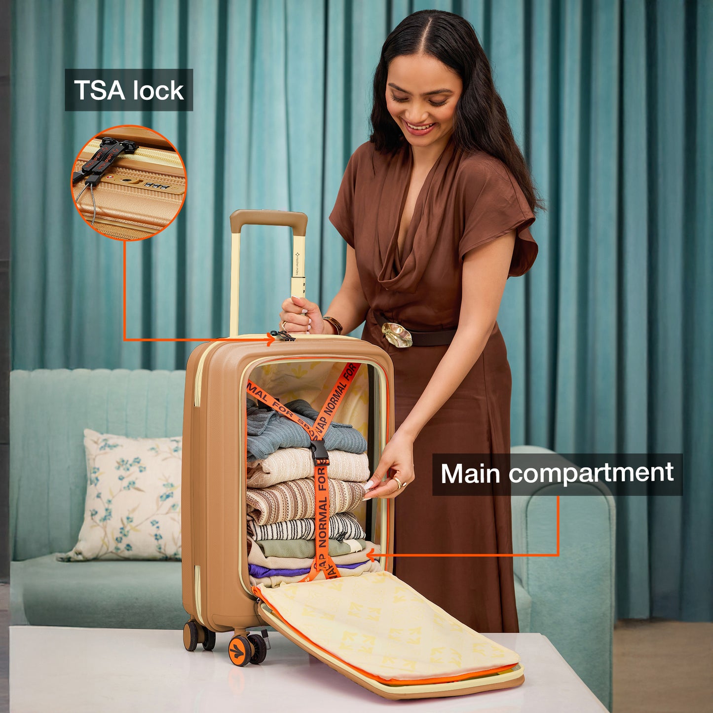 Nasher Miles Capri Hard-Sided Polypropylene Cabin Luggage with Laptop Compartment 20 inch | 55cm | 8 Wheels Small Trolley Bag for Travel | Suitcase (Champagne & RoseGold)