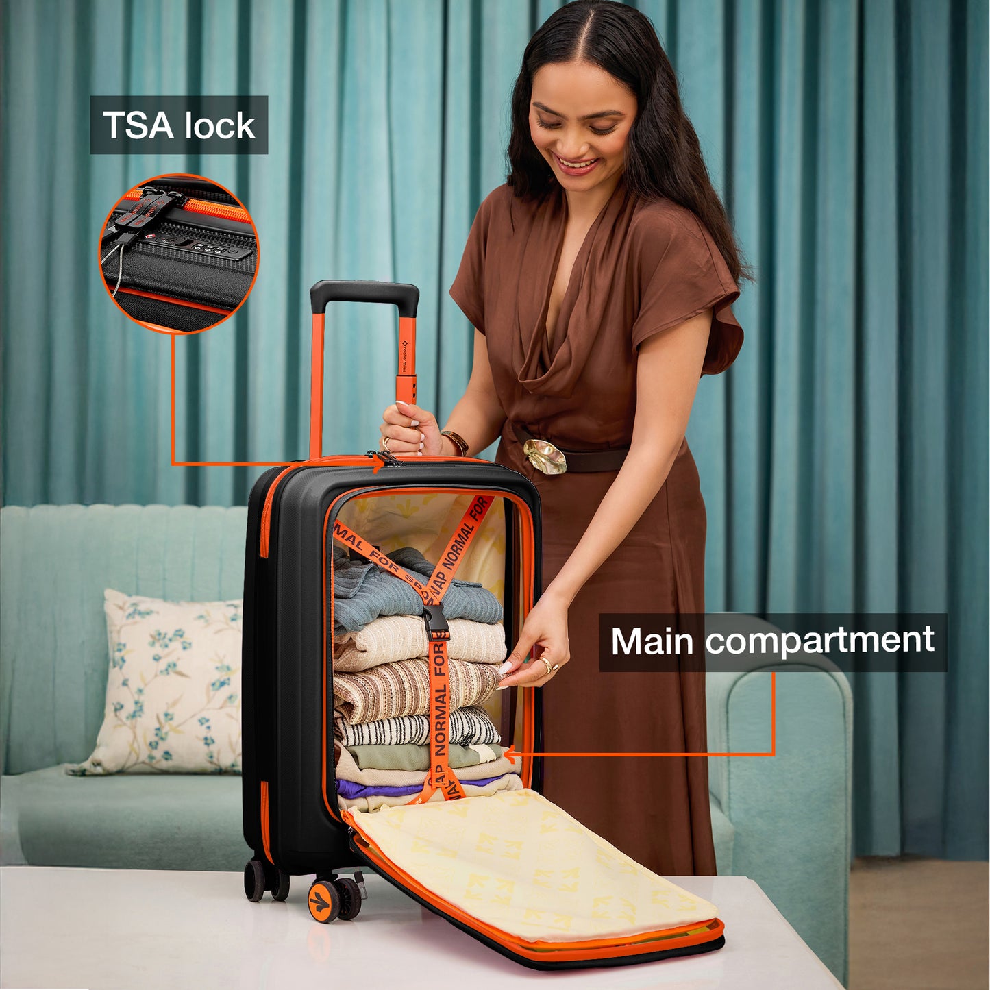 Nasher Miles Capri Hard-Sided Polypropylene Cabin Luggage with Laptop Compartment 20 inch | 55cm | 8 Wheels Small Trolley Bag for Travel | Suitcase (Black & Orange)